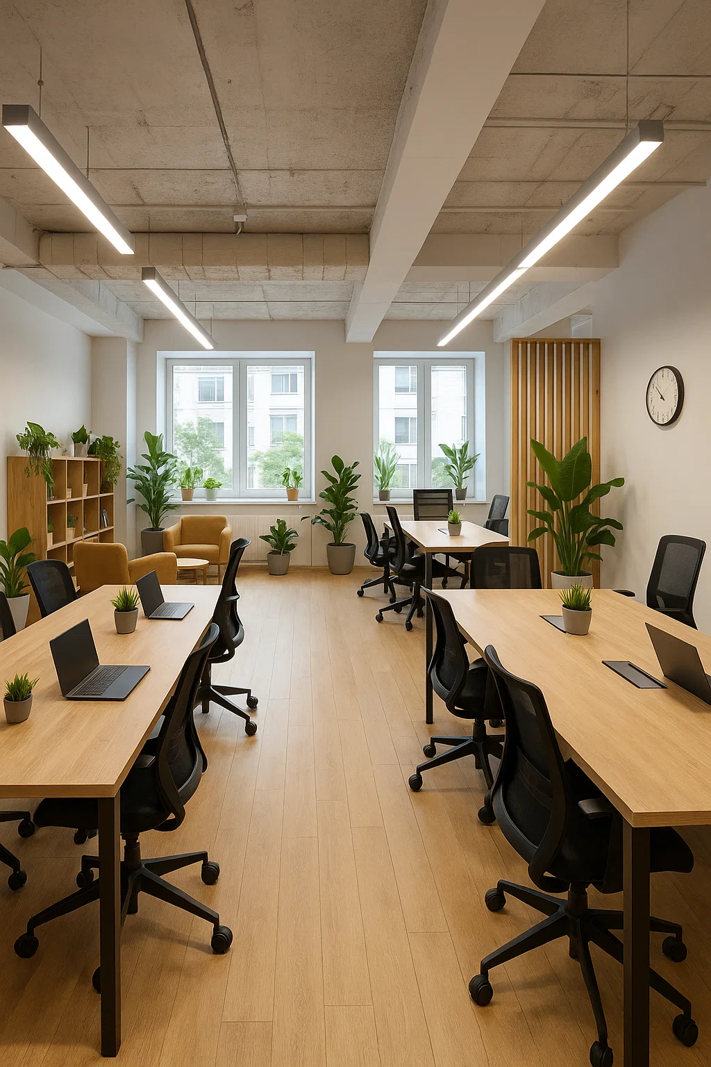 Kontorfællesskab med lange træskriveborde, ergonomiske kontorstole, bærbare computere og grønne planter, oplyst af store vinduer og moderne loftsbelysning.